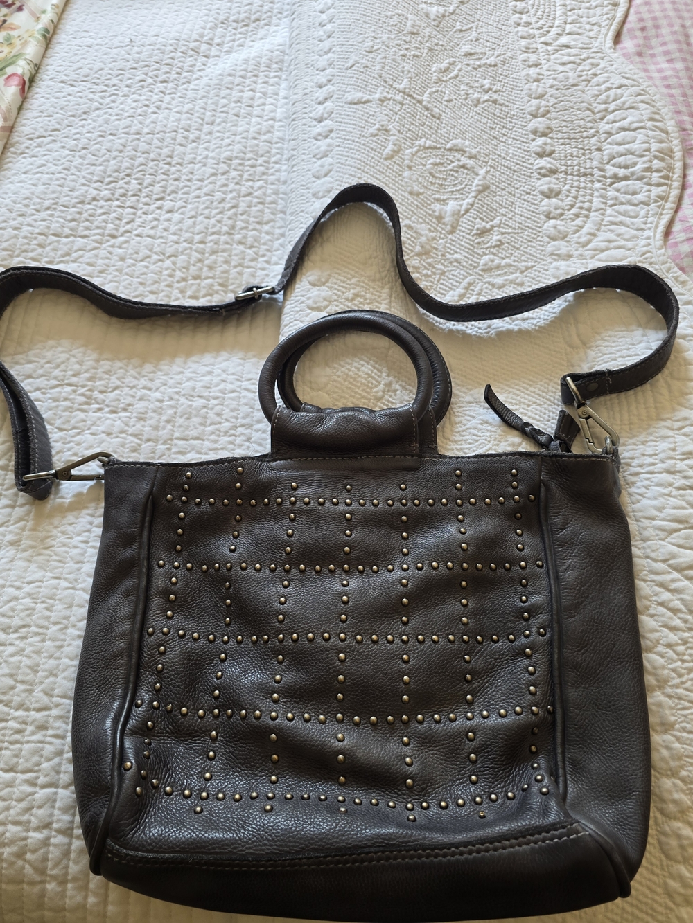 Latico Leathers Studded Gray Leather Handbag / Crossbody Bag